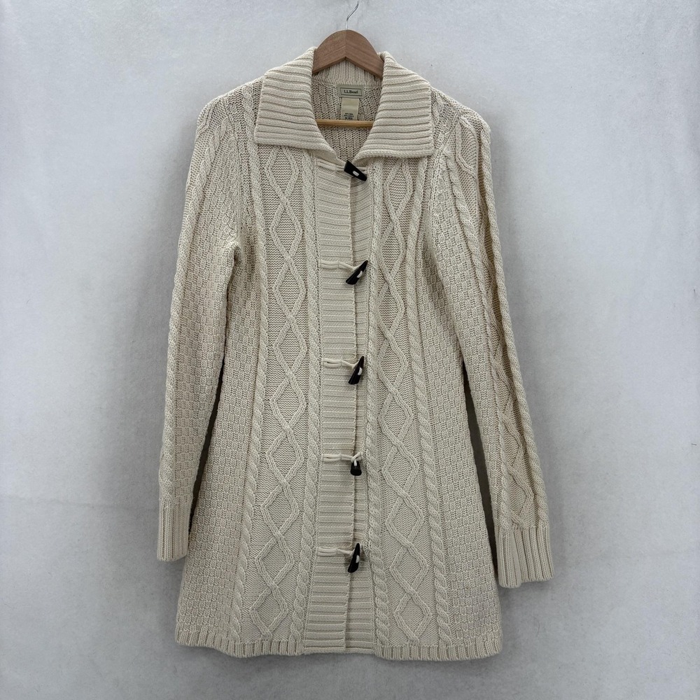 L.L.Bean Cardigan Womens M White Wool Acrylic Cable Knit Toggle Longline Casual